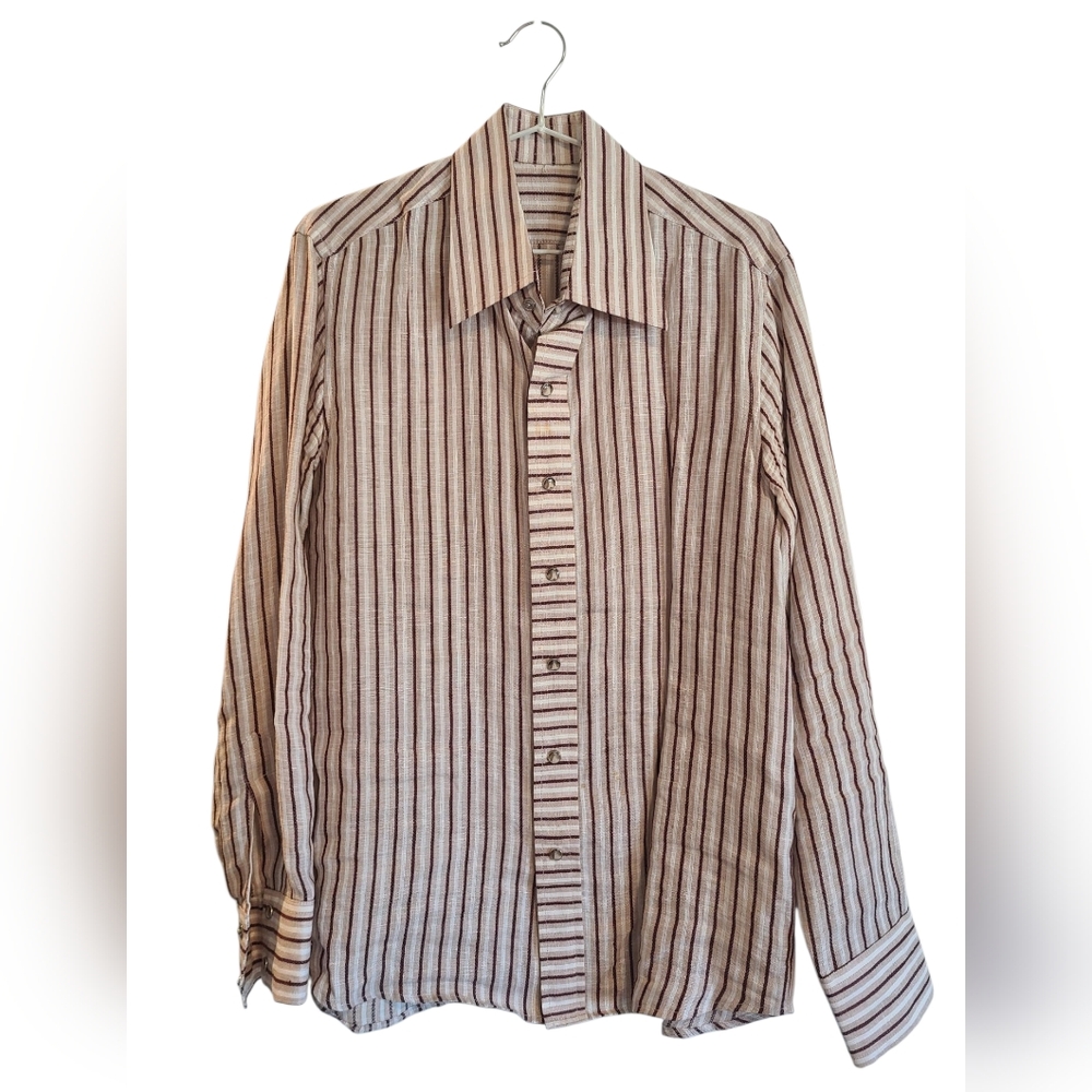 Loose-fitting unisex striped linen long-sleeve shirt